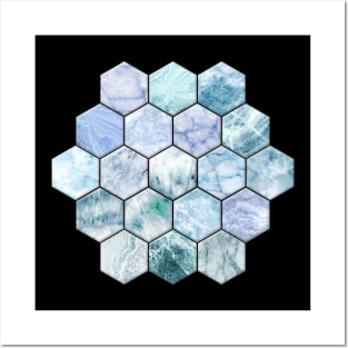 Ice Blue and Jade Stone and Marble Hexagon Tiles Posters and Art